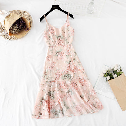 Strapskleid Floral Chiffon Fischschwanz Lotusblatt Seitenlänge 4116