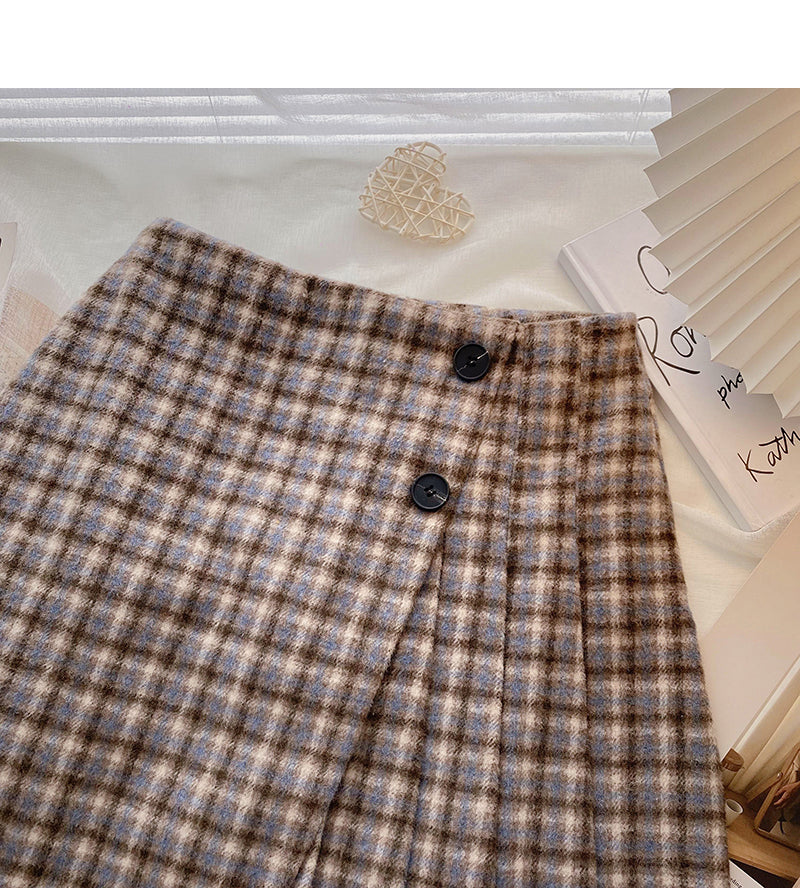 Aging Hong Kong style retro contrast checkered high waist A-line skirt  5475