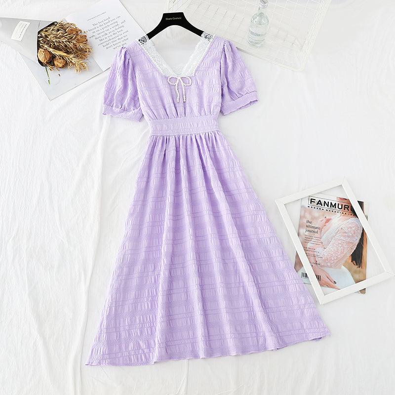 Pearl Square Neck skirt with a slim waist French dress  4190