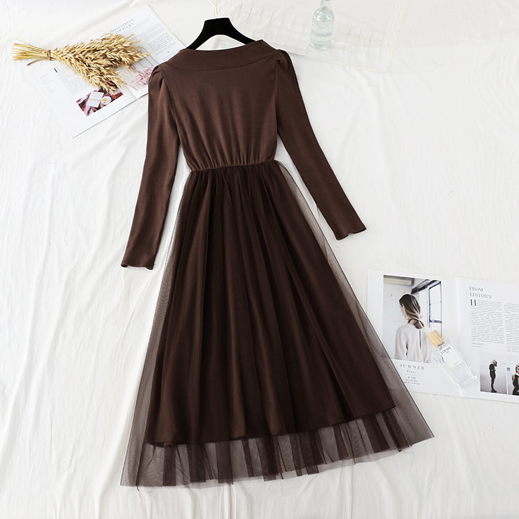 Square neck slim French retro light cooked wind bottomed skirt  4558