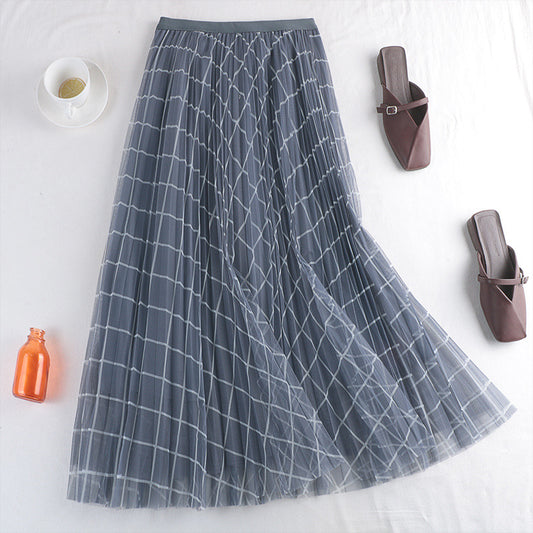 New early spring style, mesh skirt, plaid print pleated skirt  3709