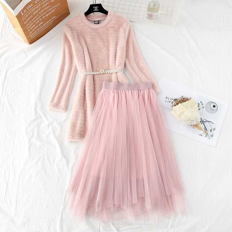 Mink sweater female + mesh skirt two piece set  3954