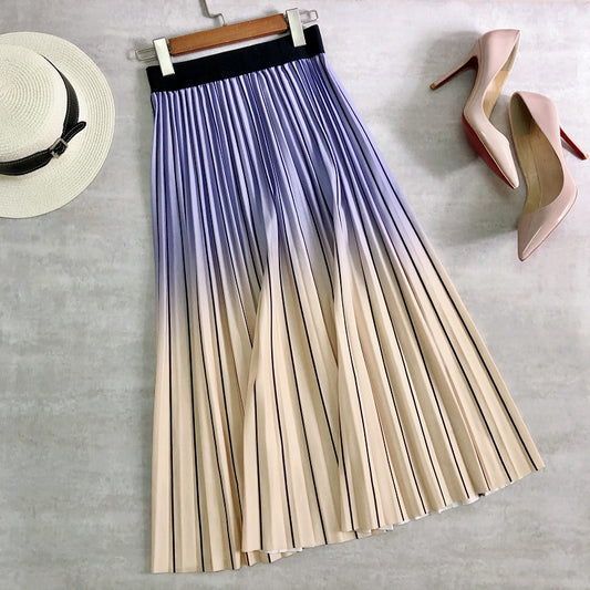 spring skirt, rainbow stripes, pleated skirt, high waist, long skirt, A-line skirt  3693