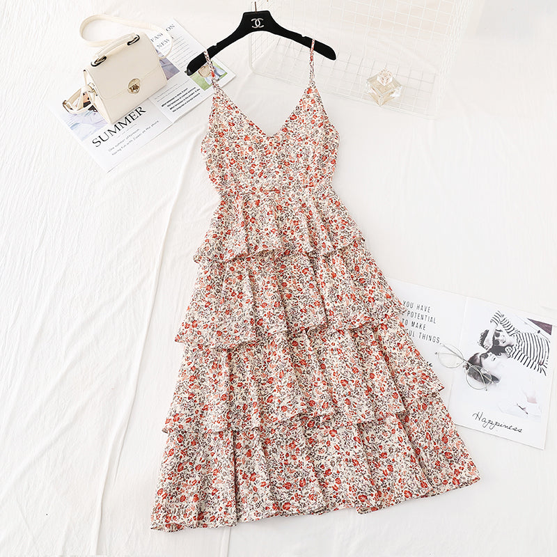 Floral suspender dress with a slim waist  4112