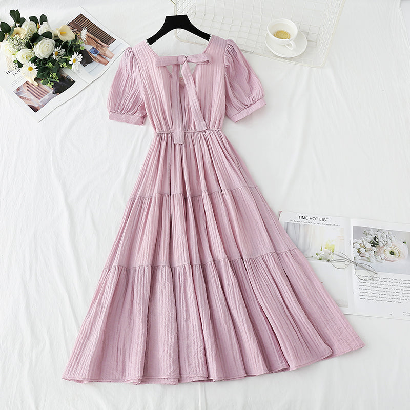 French square neck cotton linen dress  4275