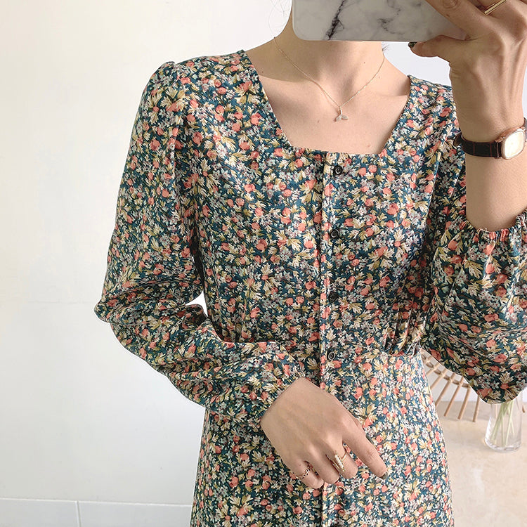 Knielanges Vintage-Blumenkleid mit eckigem Ausschnitt und Schnürung 3911