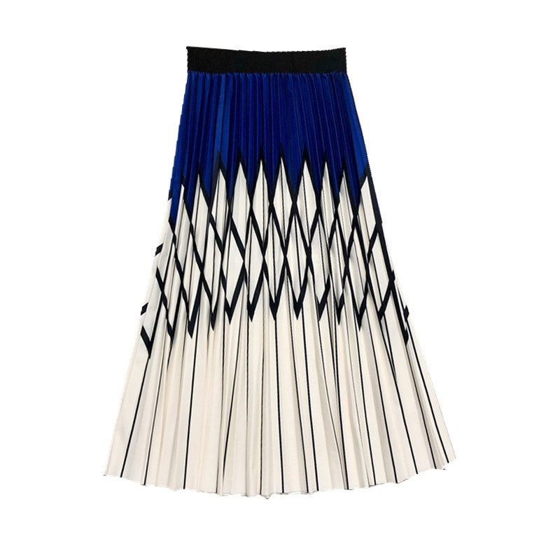 Spring/summer skirt, rhomboid print pleated skirt, high waist, striped patchwork  3675