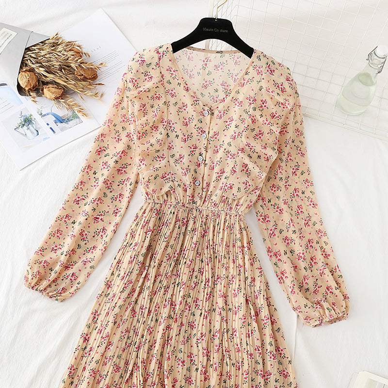 Ruffled floral dress shows thin skirt  4061
