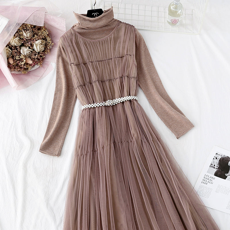 Mesh vest skirt + high neck bottomed shirt two-piece set  4376