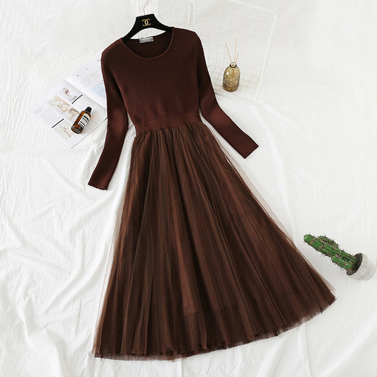 French Vintage mesh stitching knee length sweater skirt  4295