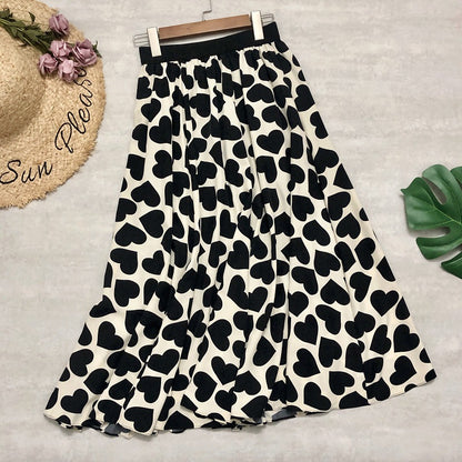 Summer skirt, heart print A-line skirt, cotton drape midi umbrella skirt  3676