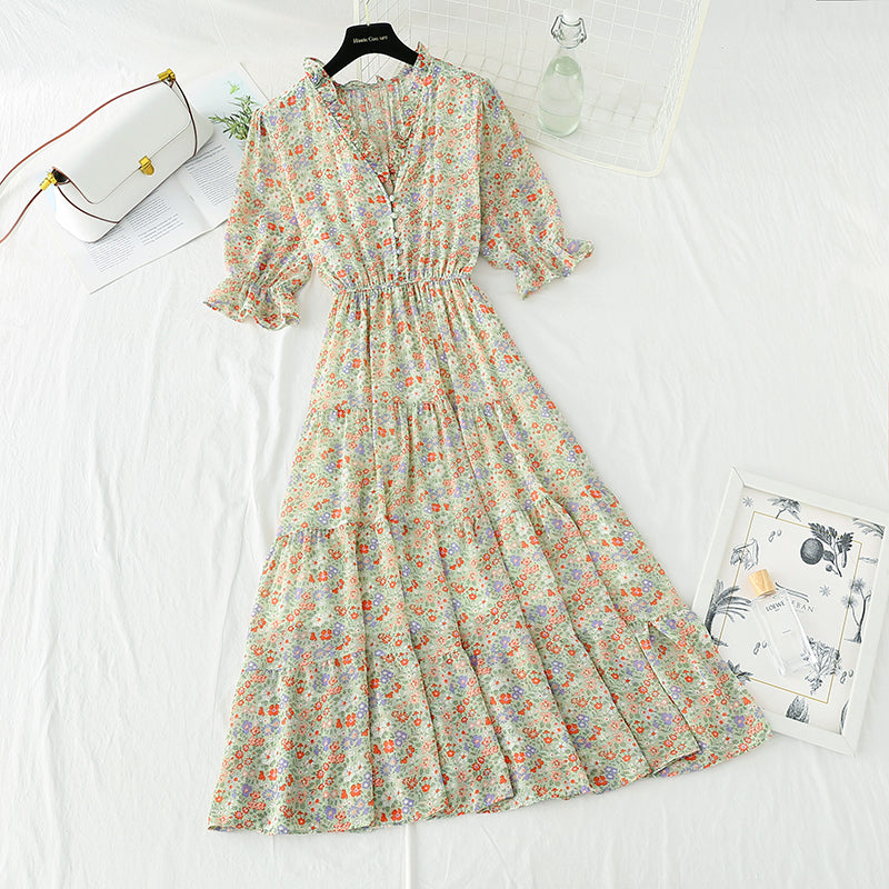 New sweet Floral Chiffon French V-neck slim fairy skirt  4872