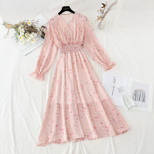 Plissee knielanges Blumenkleid sanfter Wind dünner Temperament schmaler Rock 4808