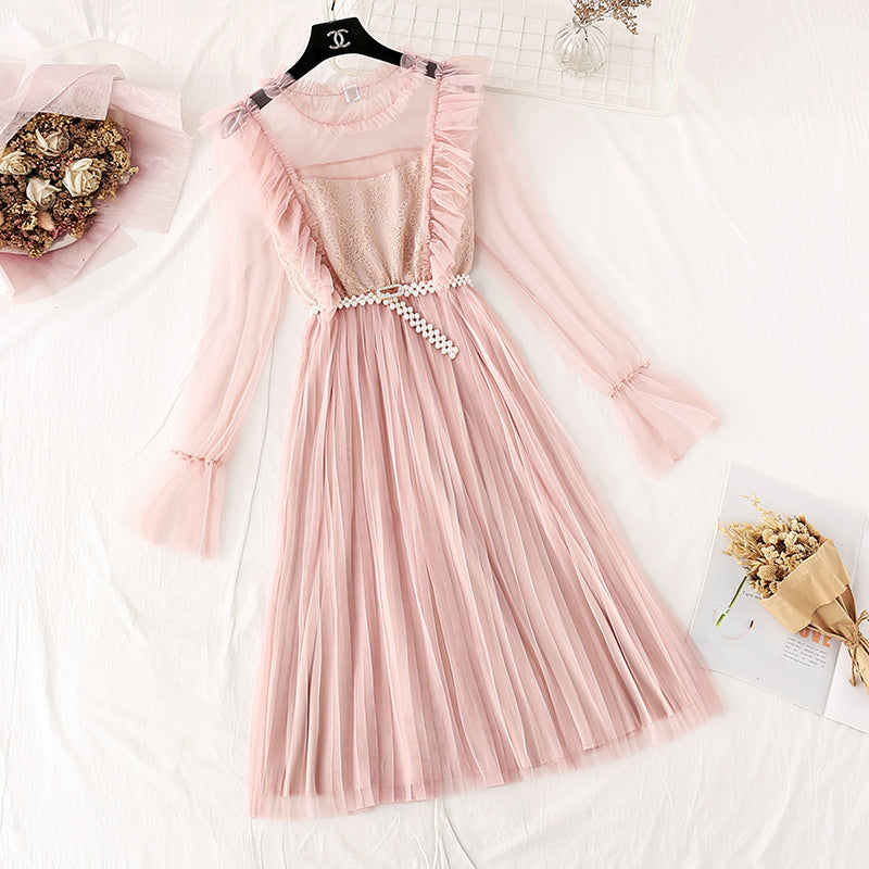French retro knee pleated long skirt  4043