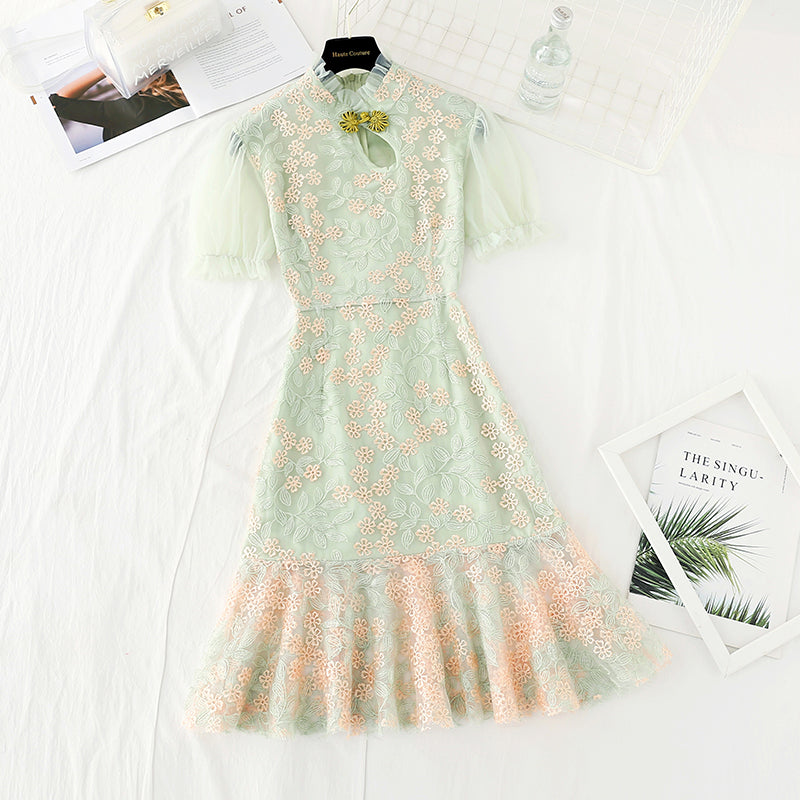 Gauze embroidered fairy skirt with slim waist  4396