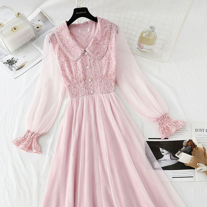 Sequin lace dress doll neck French gauze Fairy Dress  4433