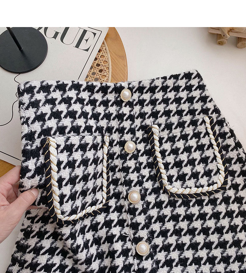 Pearl button small fragrance wind high waist thousand bird grid A-shaped skirt  5371