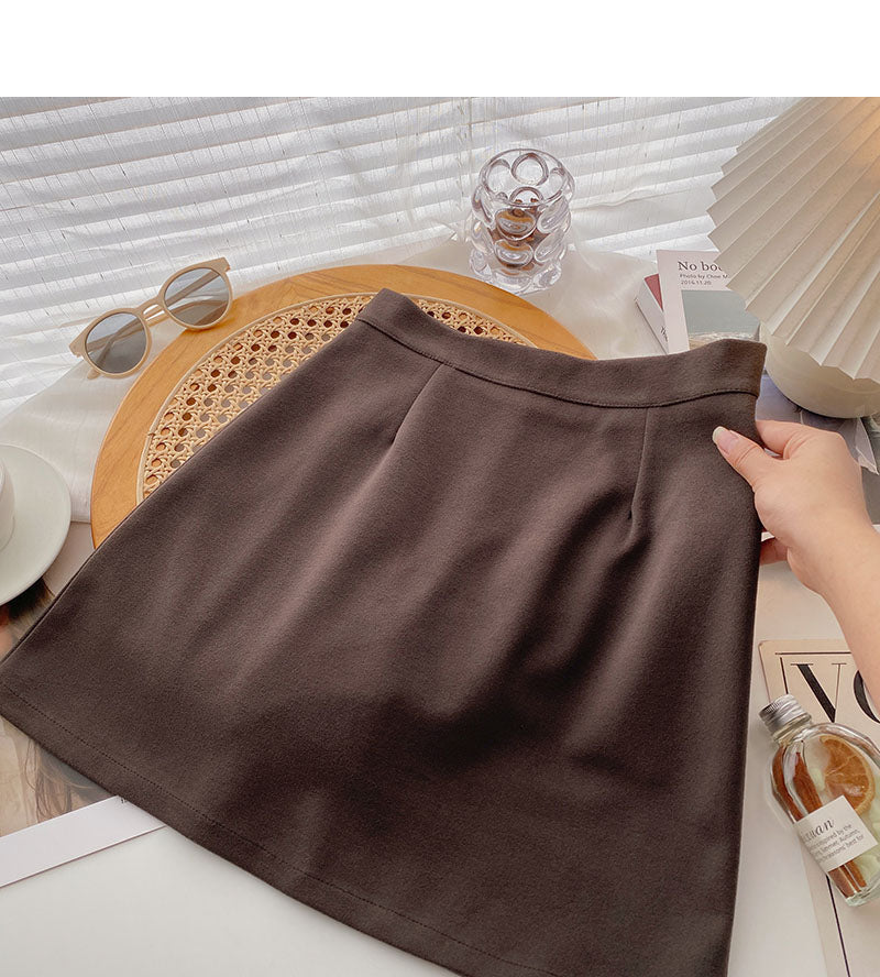 Koreanischer, einfarbiger, vielseitiger, schmaler A-förmiger Rock mit hoher Taille 5446