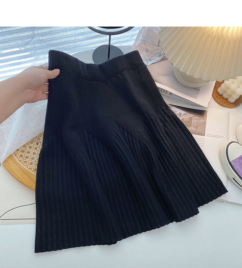 Knitted skirt, versatile pleated high waist A-line skirt  5339