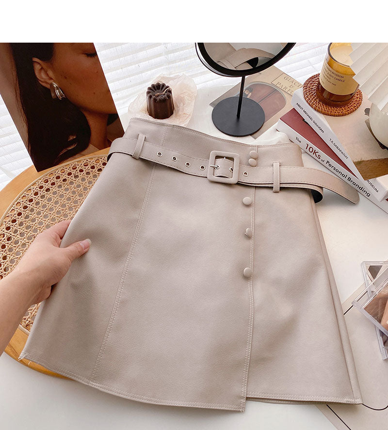 Fashion irregular button high waist thin wrap hip leather skirt  5509