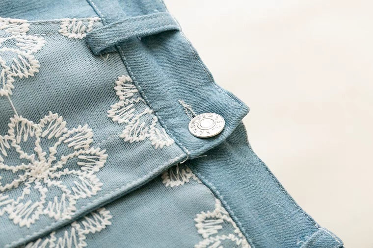 Summer style, literature and art, fashion, small fresh denim skirt, lace mesh splicing  3622