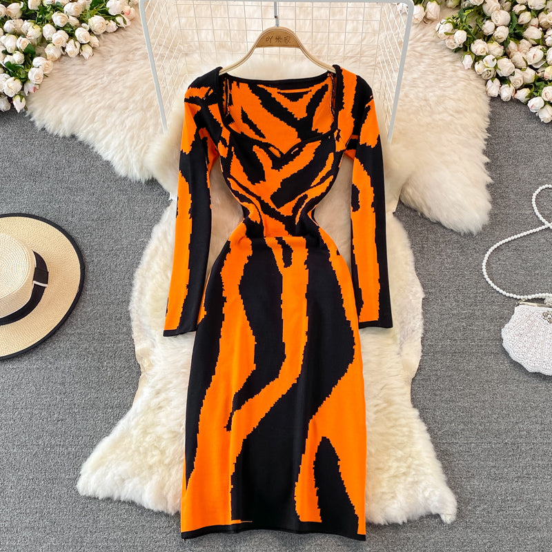 Zebra jacquard knitted square neck dress tight Hip Wrap Skirt  3760