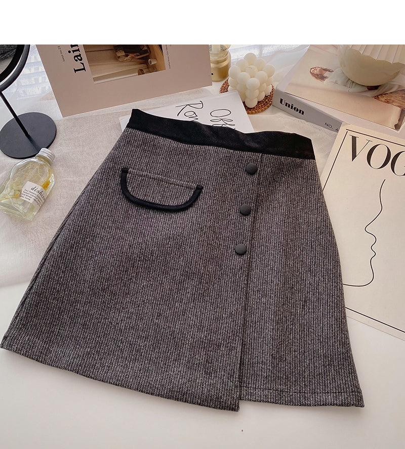 New Korean casual retro design button high waist color blocking a-word skirt  5333