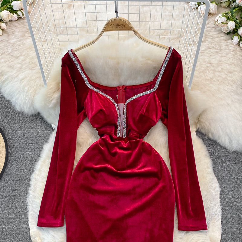 Samt mit Diamant-Temperament, schmaler Taille, sexy Hüftwickelkleid 3750