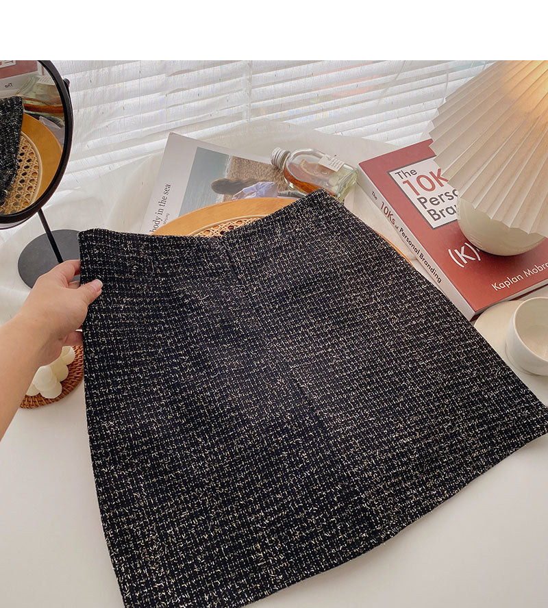 Koreanischer eleganter Retro-Perlenknopf mit hoher Taille A-förmiger Rock 5533