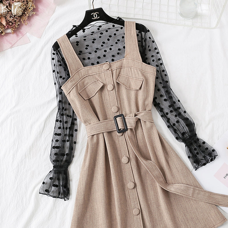 Strapskleid + Polka Dot-Shirt mit Netzboden, Set für Damen 4710