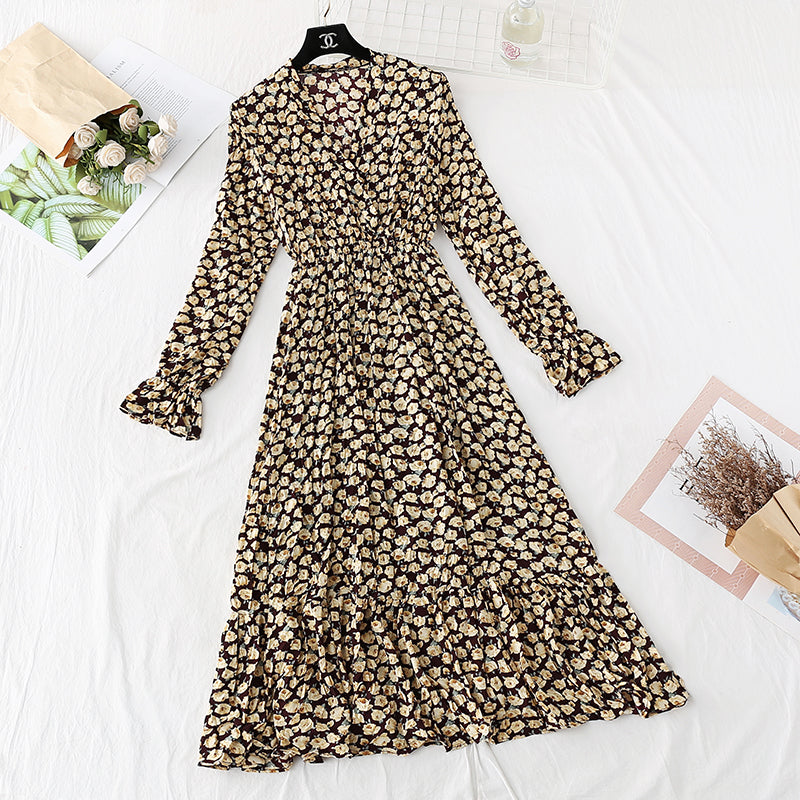 Retro broken flower pleated Korean version waist fairy long skirt  3814