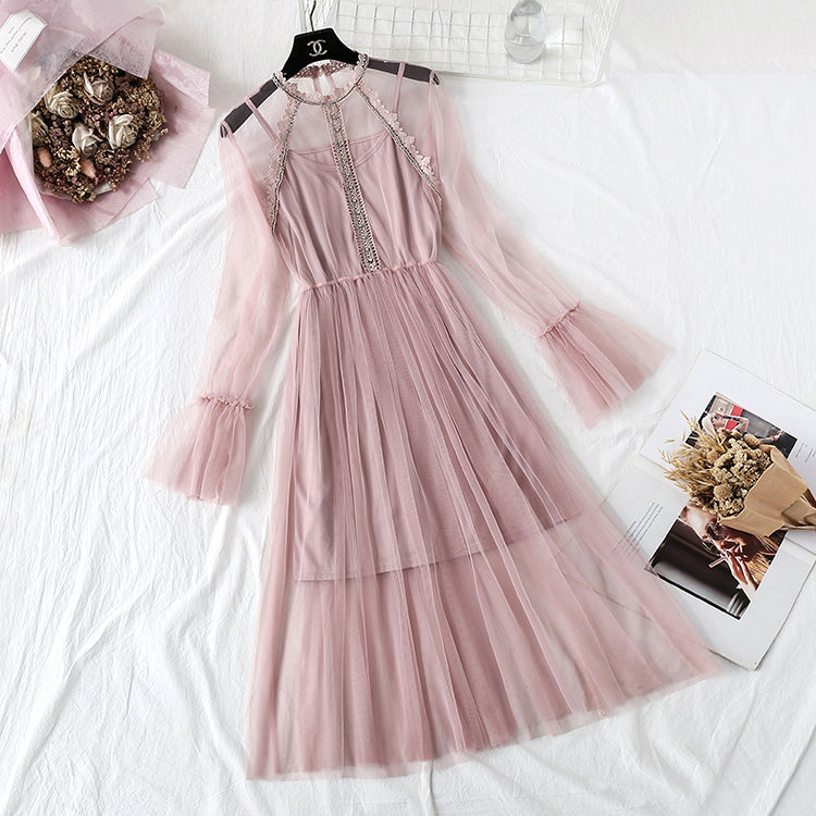 Heavy industry Rhinestone lace gauze dress  4356