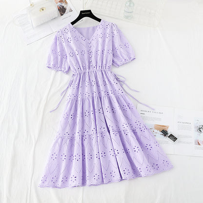 Hook embroidery French retro waist closing long skirt with thin temperament  4221