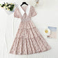 New doll collar skirt bubble sleeve floral medium length skirt  4877