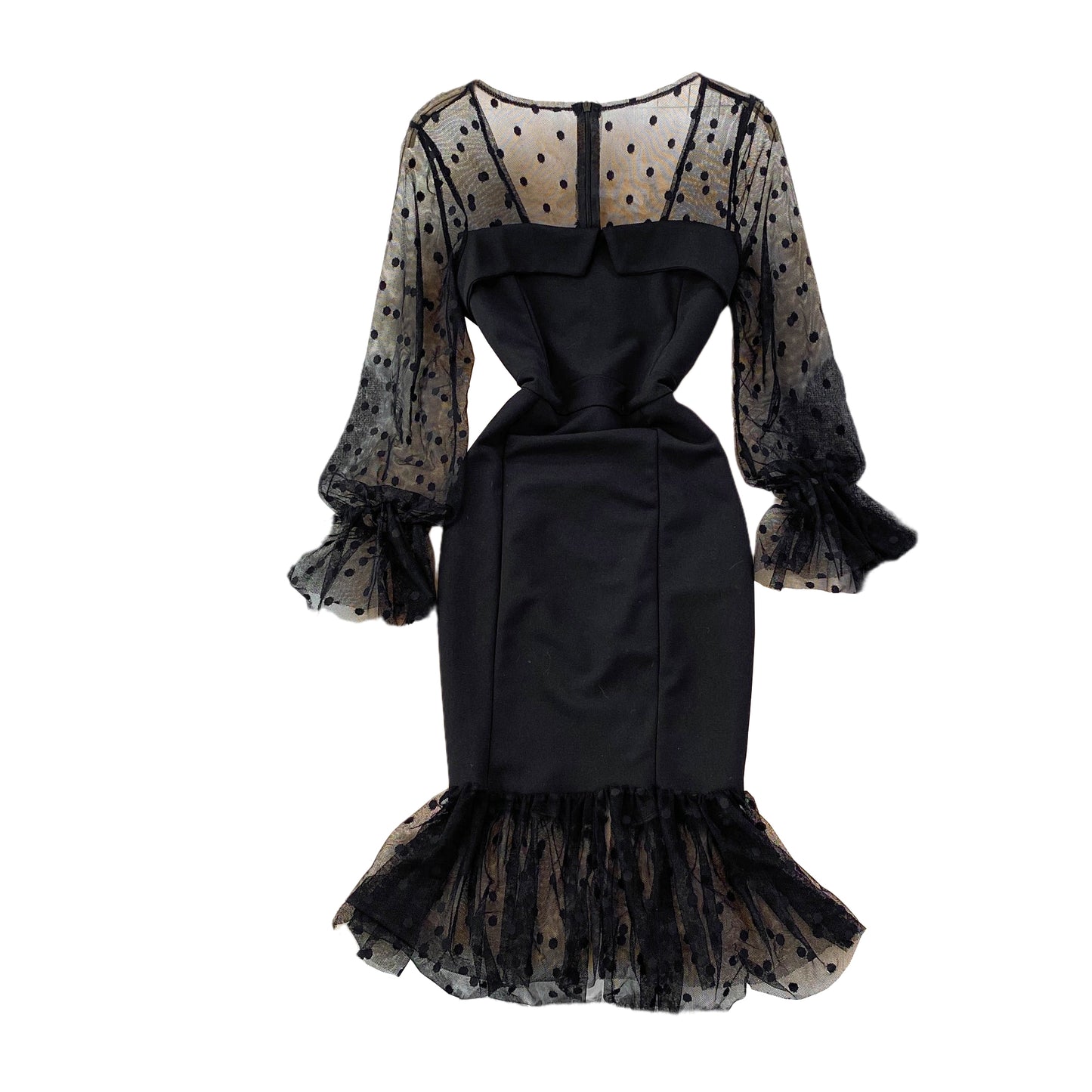 Modisches Mesh-Wellenpunktspleißen mit quadratischem Ausschnitt und temperamentvollem Retro-Kleid 3775