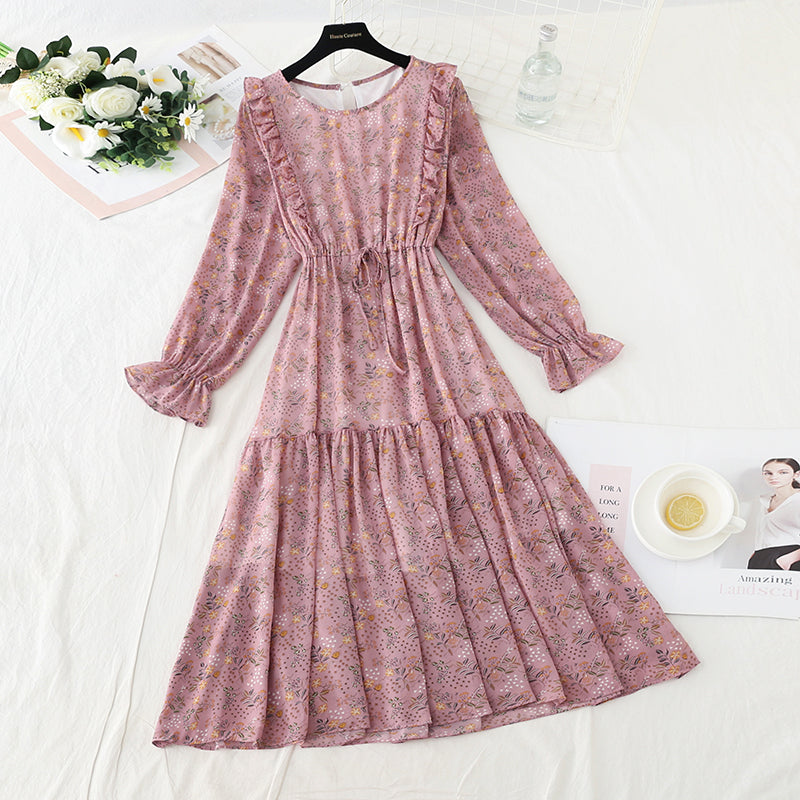 Chiffon waistband slim round neck fungus super xiansen floral skirt  3932