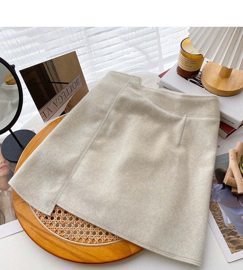 High waist irregular tweed skirt sweet solid color  5354