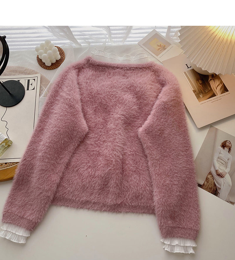 Lace edge stand collar Pullover long sleeve mohair sweater  5973