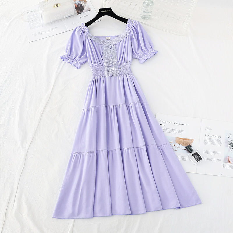 Bubble sleeve cotton linen dress lace edge French retro long skirt  4179