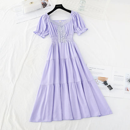 Bubble sleeve cotton linen dress lace edge French retro long skirt  4179