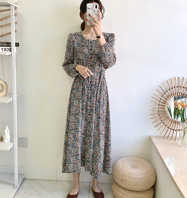 Knielanges Vintage-Blumenkleid mit eckigem Ausschnitt und Schnürung 3911