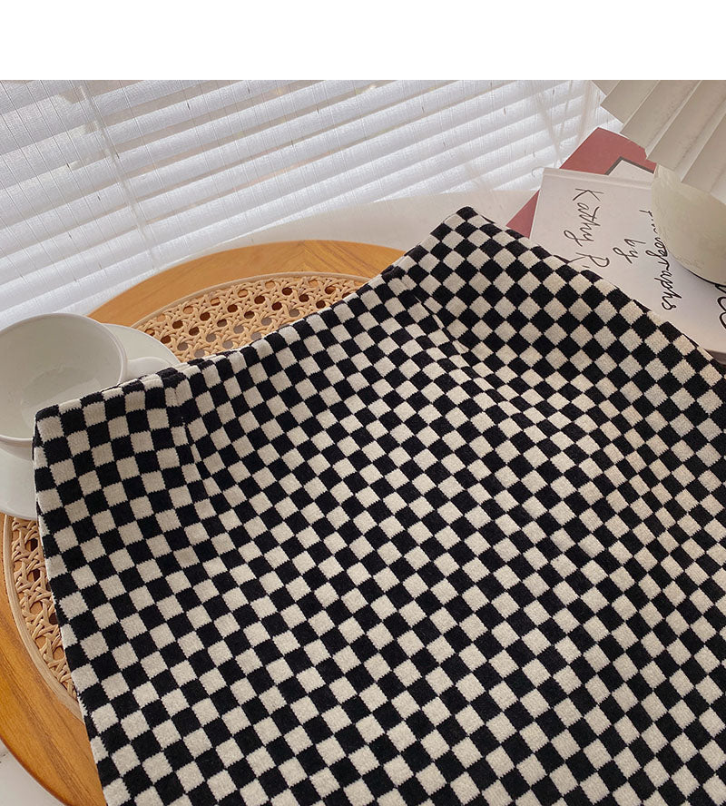 Retro chessboard plaid skirt, slim high waist A-line skirt  5488