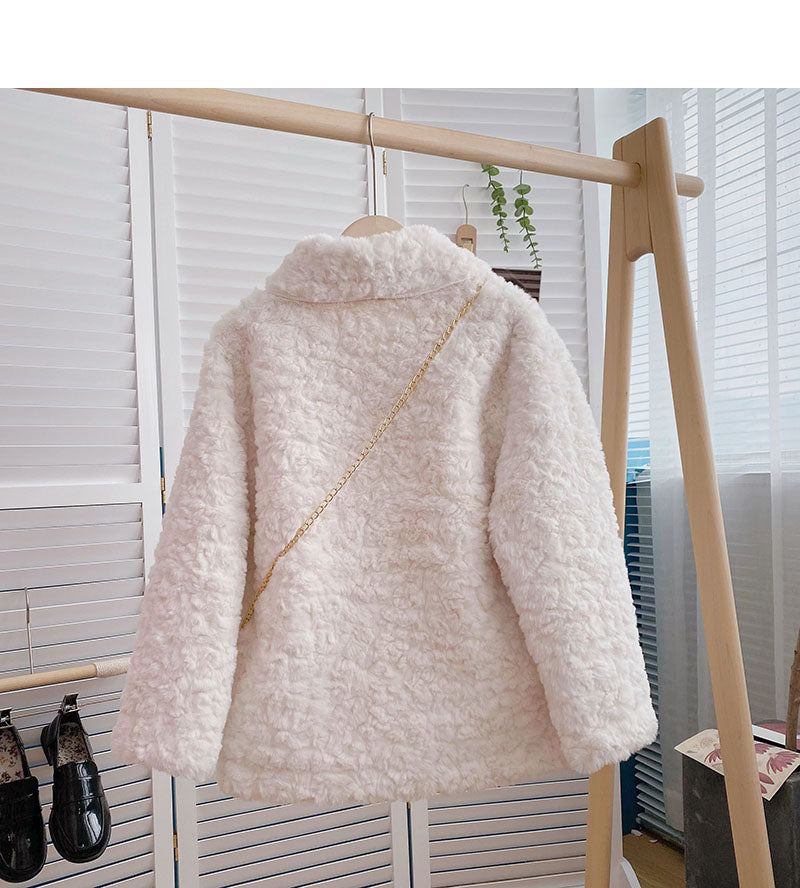 Korean thickened loose lamb wool one-piece coat small ox horn button top  6226