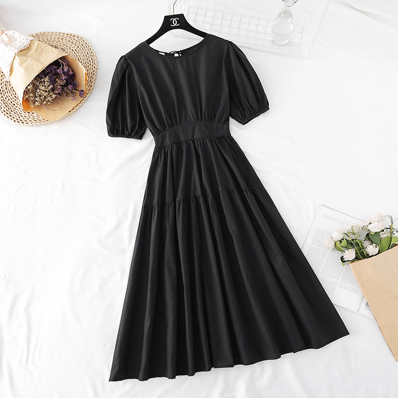 New style slim waist with bubble sleeves French minority long skirt  4506