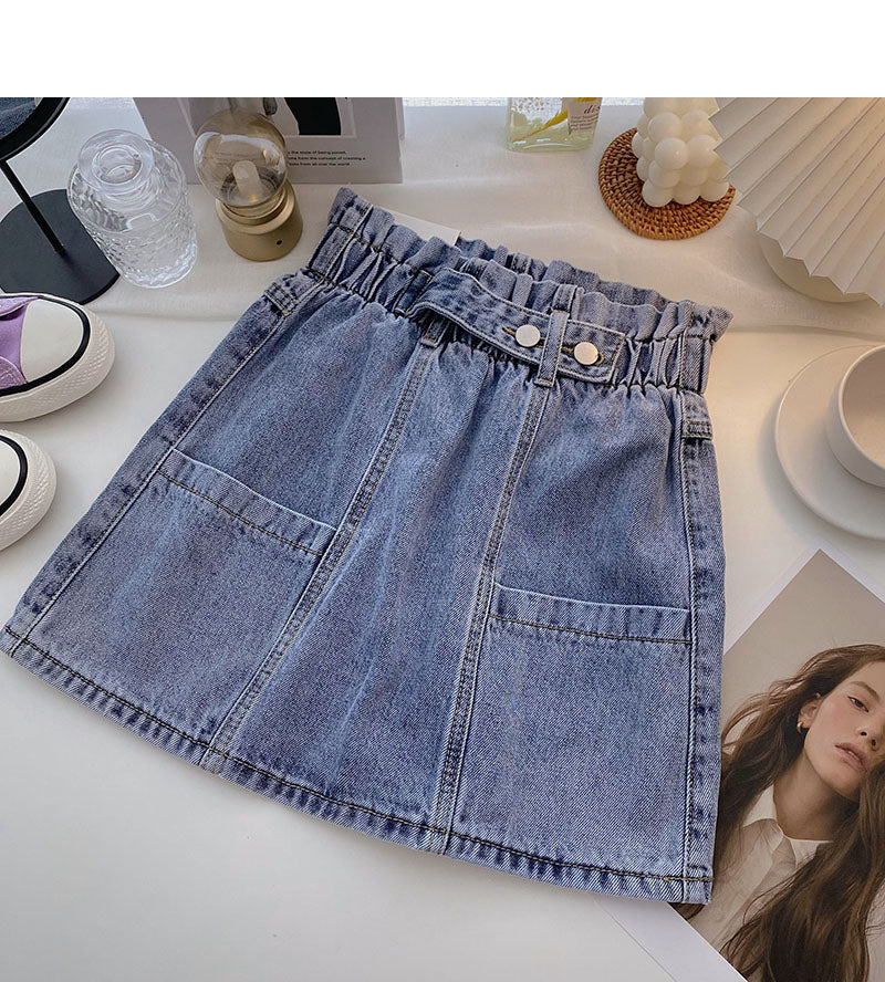 Versatile slim elastic waist denim Vintage A-line skirt  5340