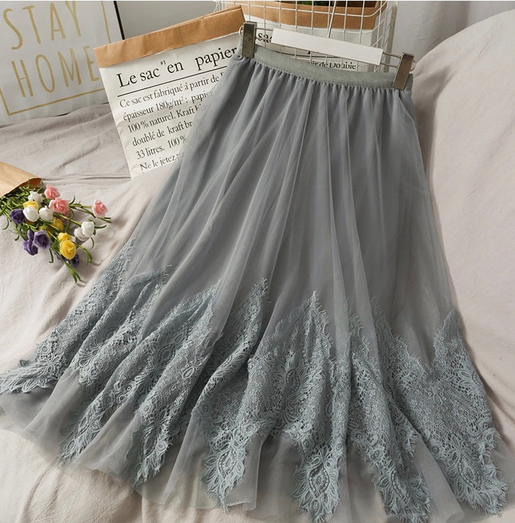 Sweet wind, embroidered medium length, high waist lace skirt  3617