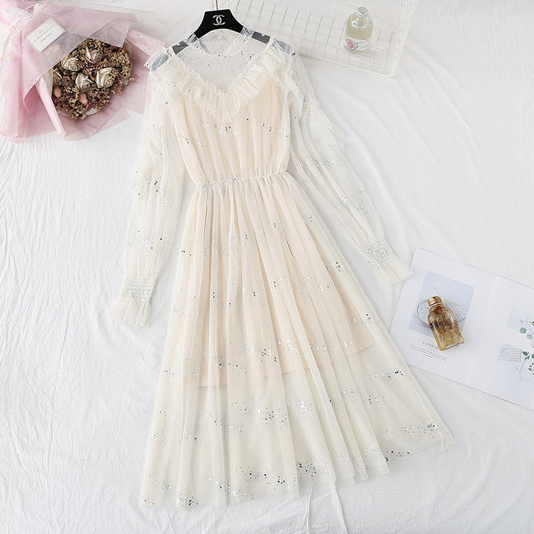 Ruffled suspender fairy Sequin mesh dress  3940