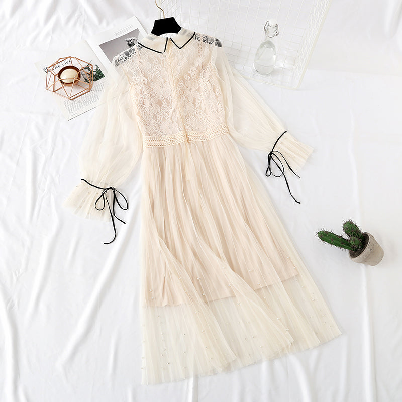 Lace mesh dress trumpet sleeve nail bead sling  4323