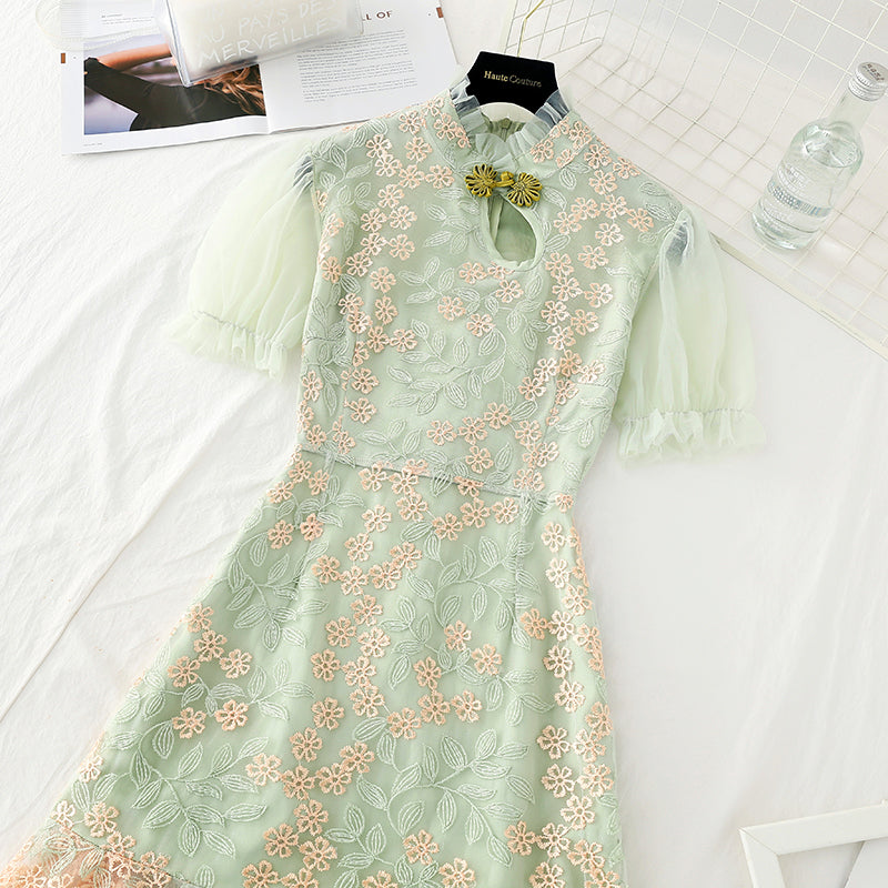 Gauze embroidered fairy skirt with slim waist  4396