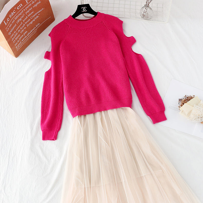 Off shoulder Pullover Sweater + mesh skirt  3947